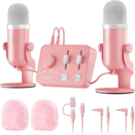 Professional Mic Bundle - Audio Interface + Dual Condenser Mics with Mixer, 3D Stereo Sound, Volume Control & Windscreens